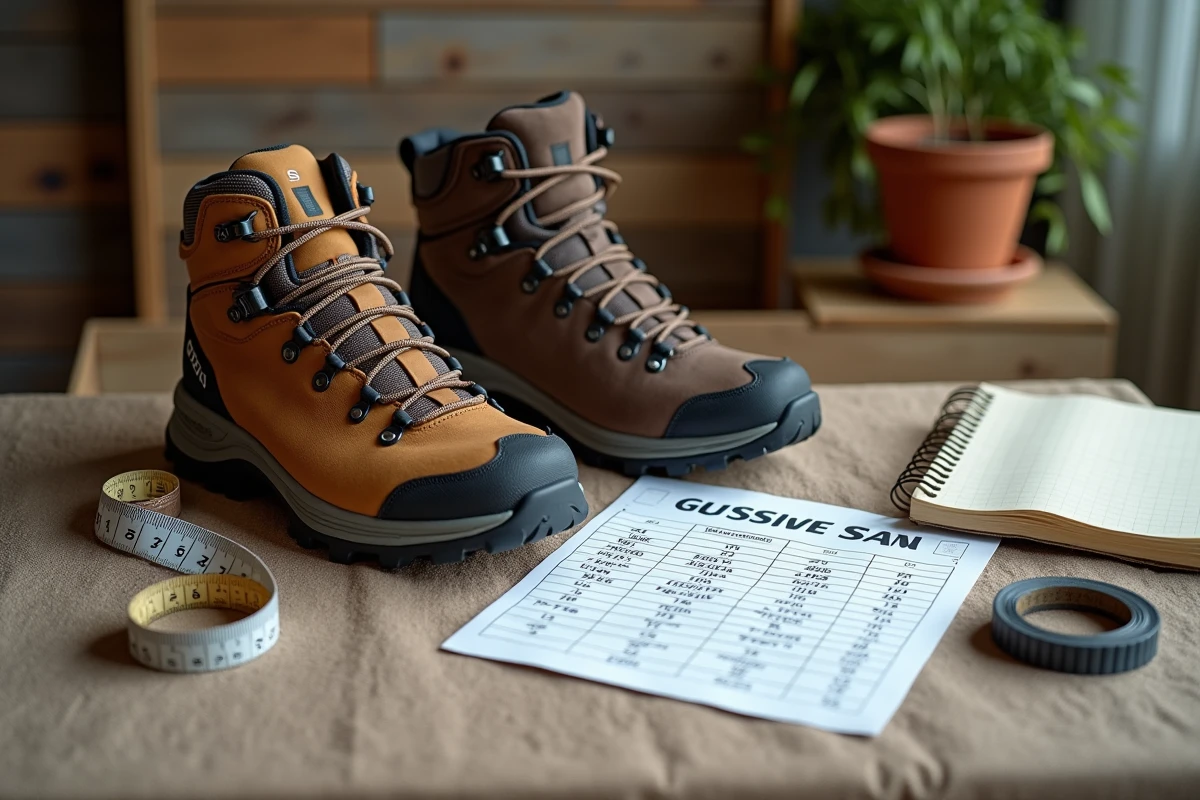 Chaussures de randonnée Salomon posées à côté d'un tableau de conversion des tailles et d'un mètre ruban sur une table en bois rustique