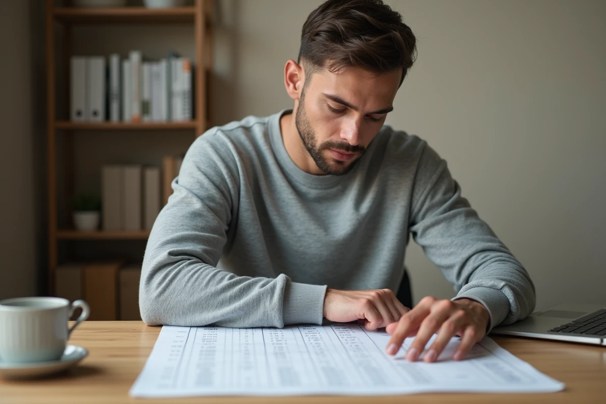 Homme consultant un tableau de correspondance des tailles de vêtements internationales FR, EU, UK et US posé sur un bureau en bois à domicile