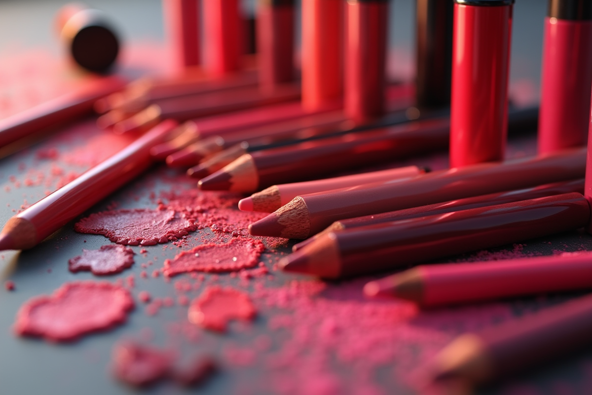 Table de maquillage avec crayons et rouges à lèvres dans des tons harmonieux