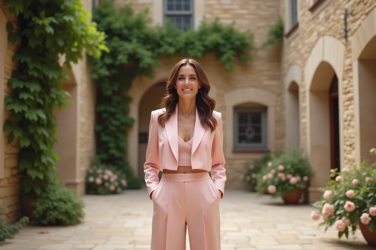 Femme en tailleur rose pâle ajusté dans la cour d'un lieu de mariage en pierre pour un look élégant