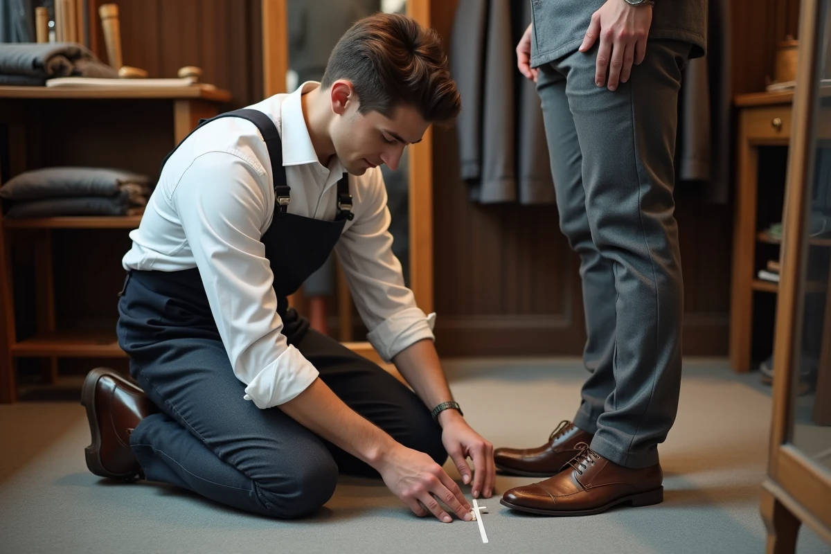 Tailleur professionnel mesurant l'ourlet d'un pantalon en laine grise dans une boutique de retouches traditionnelle