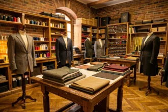 Atelier de tailleur sur mesure en Île-de-France avec tables de coupe, tissus haut de gamme et formes de couture