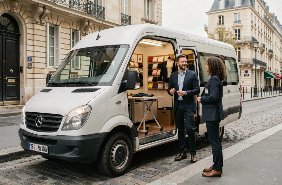 Van de taillerie itinérante Tailor Trucks ouvert dans une rue d'Île-de-France avec un tailleur et ses tissus