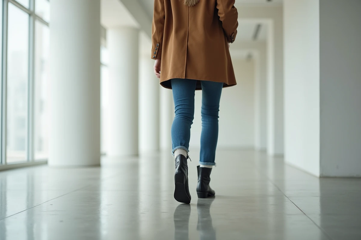 Femme en jean slim effilé et santiags noires en cuir marchant dans un showroom minimaliste au sol en béton poli