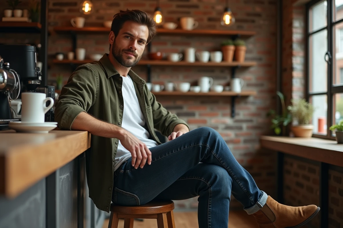 Homme en jean droit indigo et santiags en daim assis sur un tabouret dans un café rustique aux murs en briques