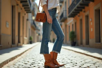 Femme portant des santiags en cuir beige avec un jean wide-leg cropped et une chemise blanche dans une rue pavée européenne