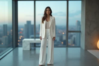 Femme en combinaison pantalon blanche minimaliste dans un appartement moderne avec vue sur la ville, look soirée épuré et ultra contemporain