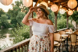 Femme à morphologie en poire portant une tenue guinguette avec jupe midi fleurie et blouse blanche dans un café en plein air au bord de l'eau