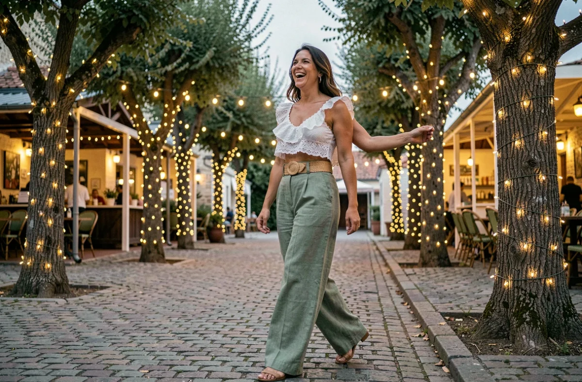 Femme à morphologie rectangulaire portant un pantalon large en lin vert sauge et un top en broderie anglaise dans une allée illuminée de guinguette