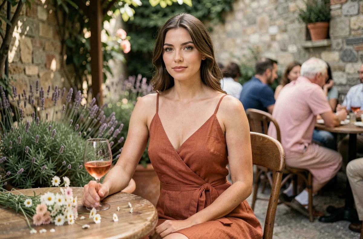 Femme sablier en robe portefeuille en lin terracotta assise à une table de guinguette avec un verre de rosé et des fleurs sauvages