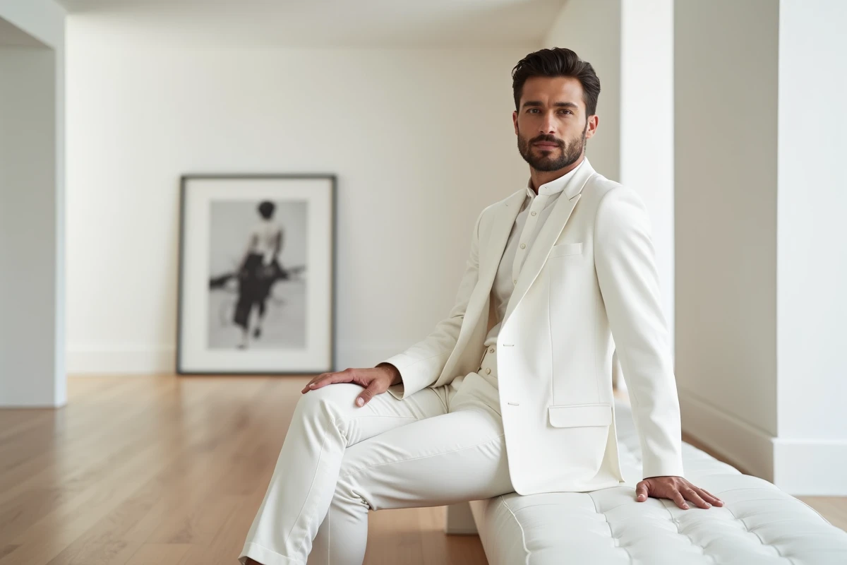 Homme en total look blanc minimaliste assis dans une galerie d'art contemporaine, tenue soirée moderne et élégante pour homme
