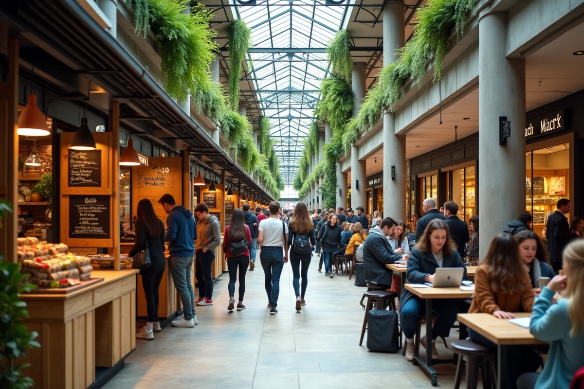 Ancien espace de mode transformé en marché alimentaire et espace de coworking animé dans un centre commercial réinventé