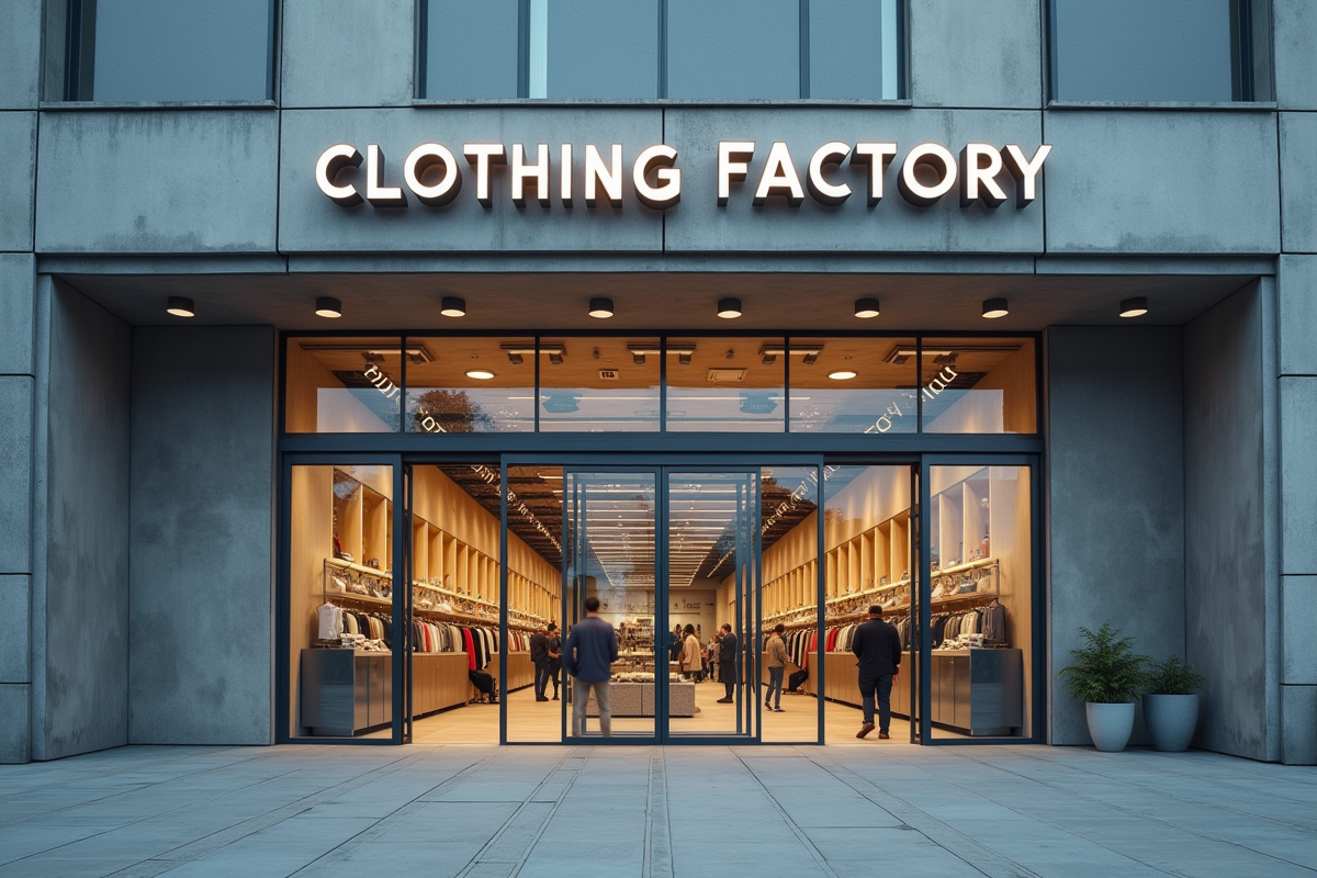 Façade d'une usine de vêtements moderne avec ouvriers entrant