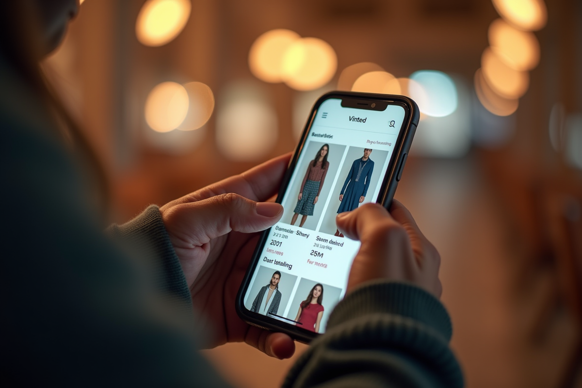 Main naviguant sur smartphone avec l application Vinted ouverte