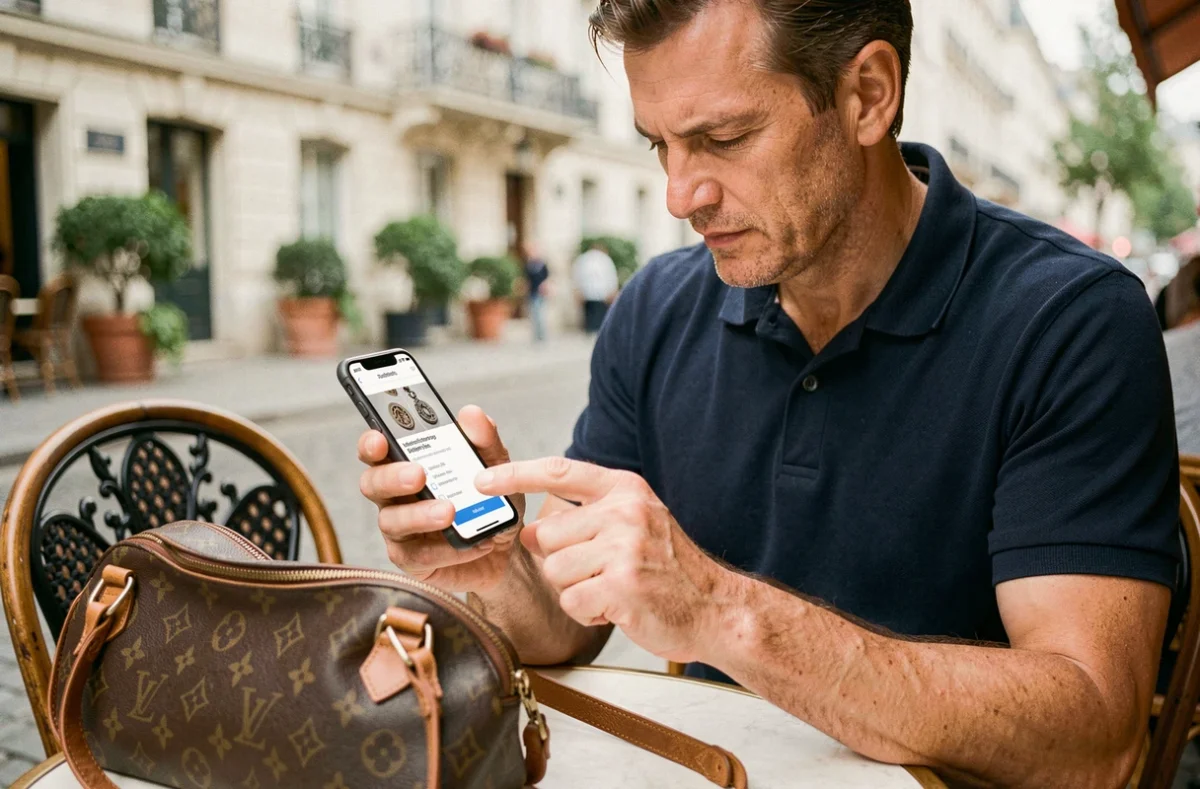 Homme vérifiant l'authenticité d'un sac de luxe via une application smartphone à la terrasse d'un café parisien