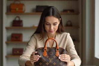 Femme examinant attentivement un sac Louis Vuitton monogramme pour détecter une contrefaçon