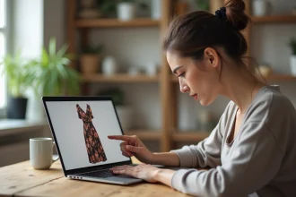 Femme examinant les détails d'une robe sur un écran d'ordinateur portable pour vérifier la qualité avant achat en ligne