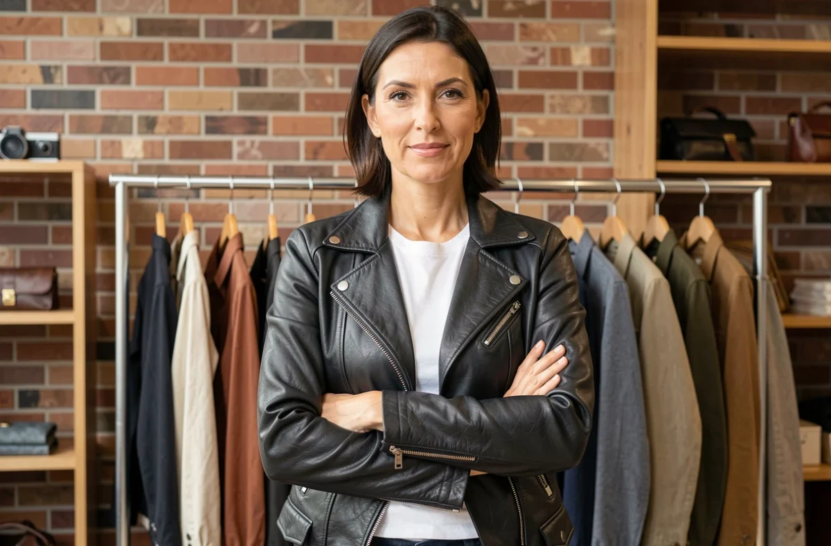 Femme en veste en cuir noir style biker vintage devant un portant de boutique vintage aux murs en briques apparentes