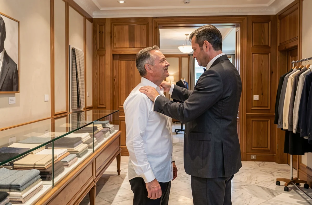 Showroom élégant du Vestibus Club dans le 8e arrondissement de Paris avec client en cours de mesure