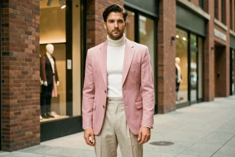 Homme en blazer pastel années 80 avec épaulettes et pantalon taille haute dans une rue urbaine, style rétro élégant