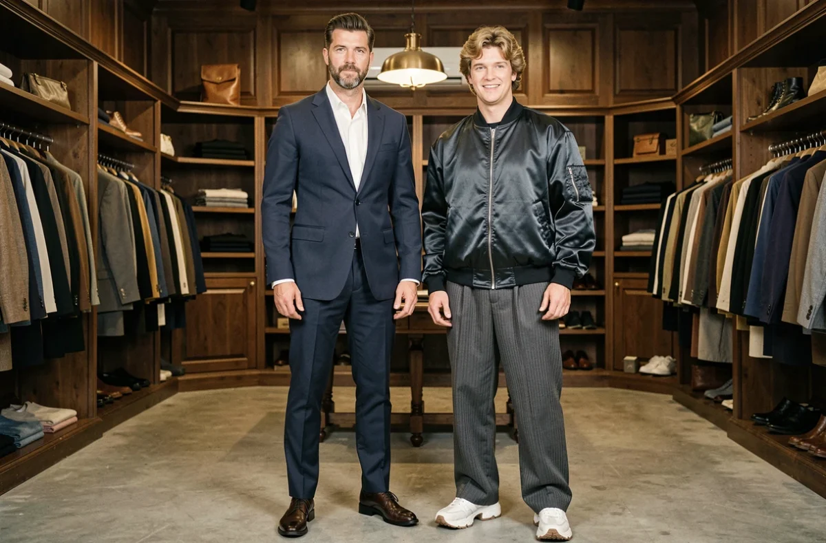 Comparaison de deux hommes en tenue années 80 dans une boutique de mode masculine, bon style versus erreurs vestimentaires rétro