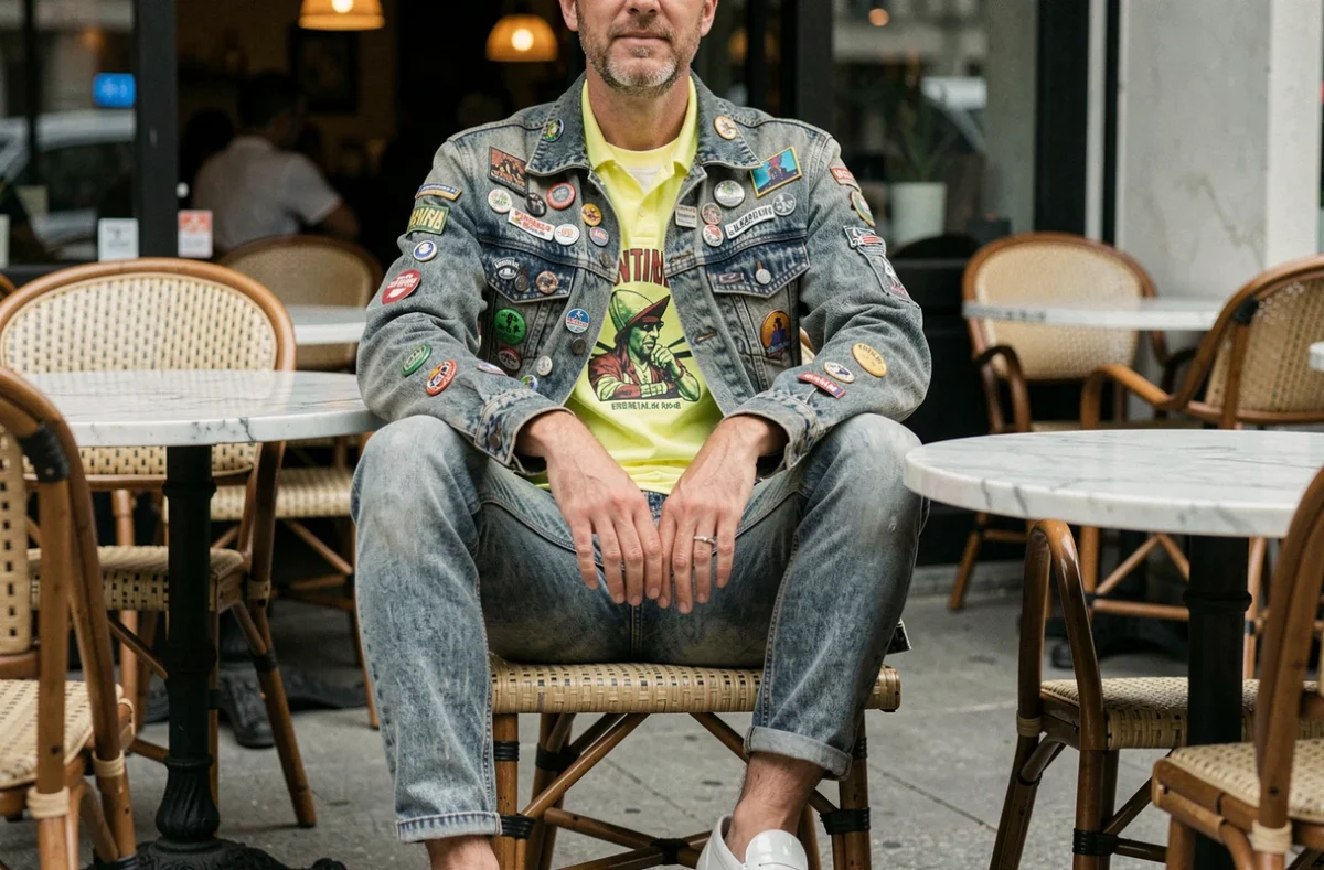 Homme portant une tenue années 80 exagérée avec veste en jean acid-wash et polo fluo attablé en terrasse de café