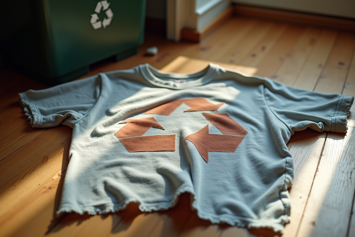 T-shirt usé de mode rapide avec coutures effilochées sur le sol