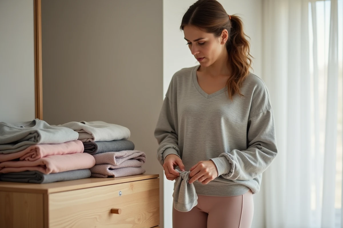 Femme pliant des vêtements de sport Halara usés sur une commode en bois, montrant les effets de lavages répétés