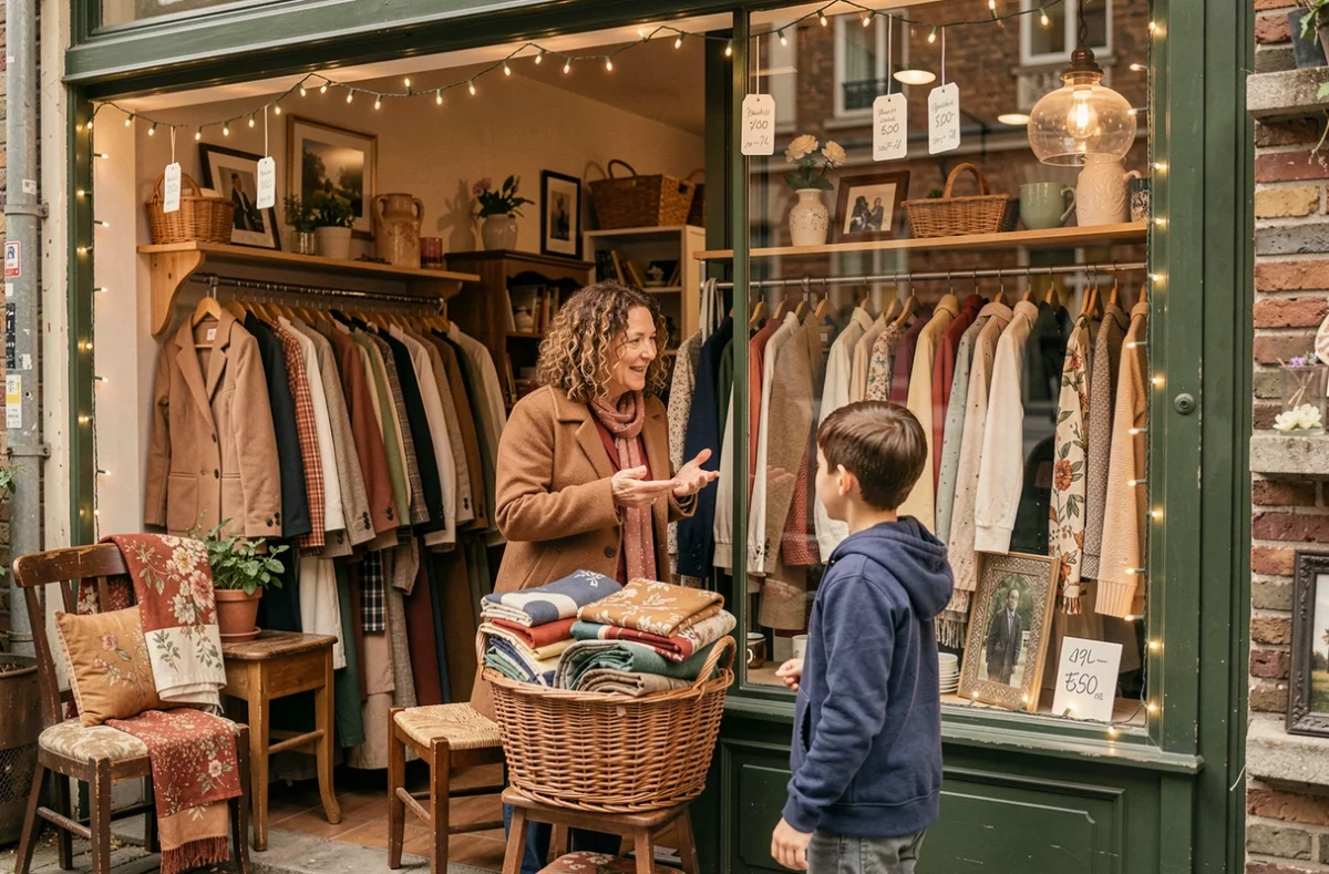 Intérieur chaleureux de la friperie de quartier Yemma à Lille avec une ambiance accueillante et des vêtements vintage